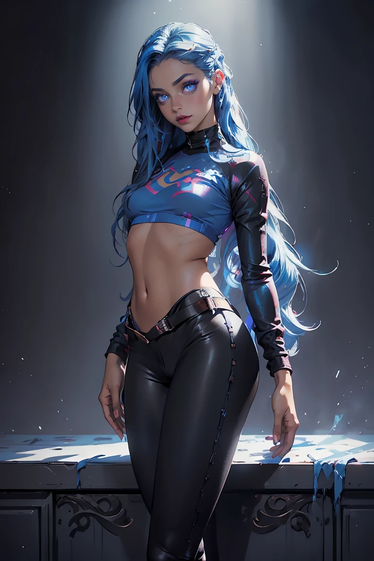 Arafed woman with blue hair and a black jacket standing in front of a waterfall., rossdraws 1. 0, alena aenami and android jones, rossdraws cute lady on( blue bikini e)lace) , nice butt, very sexy face, blue lips2. 5, inspired by rossdraws, alena aenami and artgerm, ultra realistic cyberpunk anime digital art 