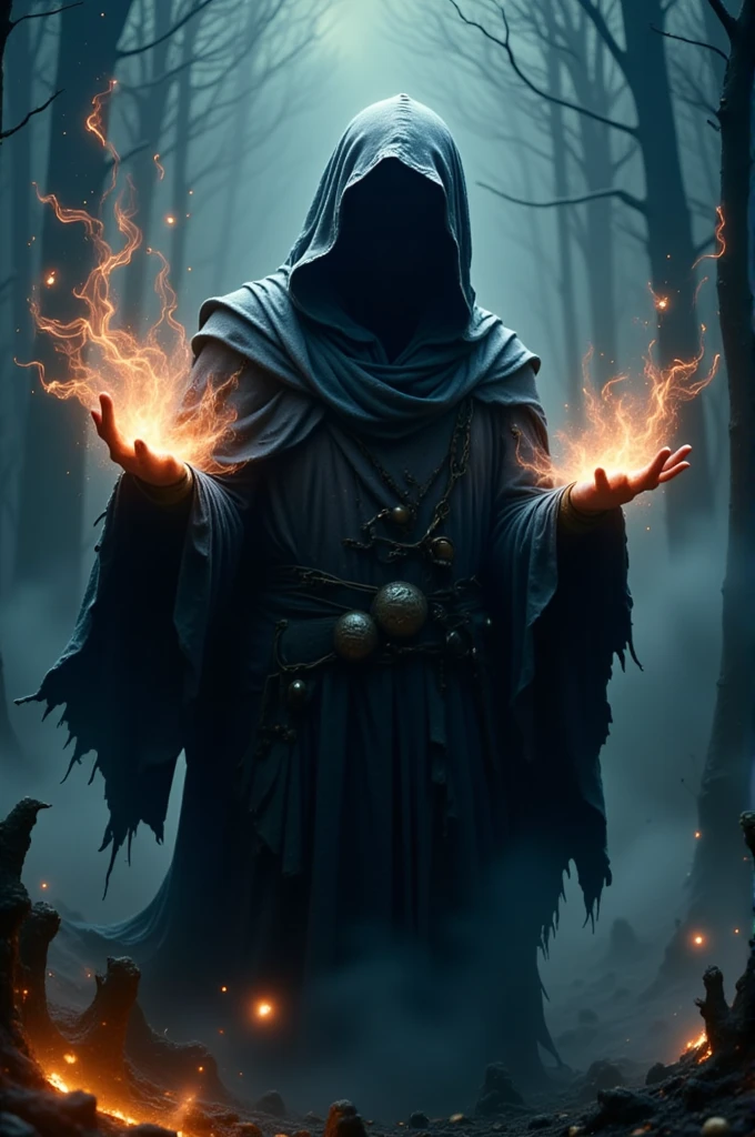 This is a dramatic, CGI-generated image depicting a powerful, mystical scene steeped in void-like darkness. The central figure is an imposing, hooded entity, draped in a tattered cloak that billows eerily around them, as if alive with the essence of shadow itself. Their face remains obscured by the deep shadows of the hood, enhancing the enigmatic and ominous atmosphere. As they stand with arms raised and hands open, a swirling mass of void energy radiates from their fingertips, distorting the surrounding darkness and hinting at their immense control over the chaotic forces of the abyss that swirl around them, pulling in light and matter alike.