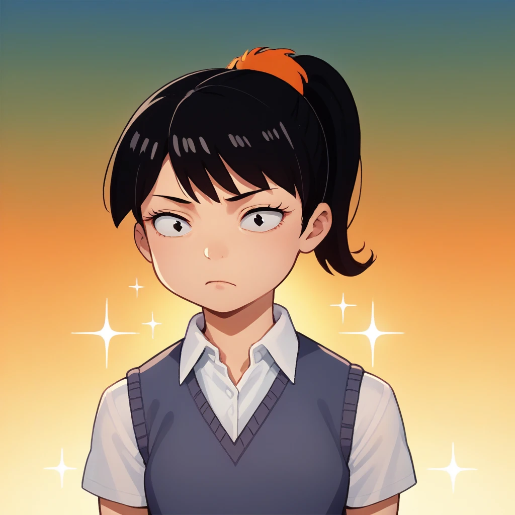 score_7_up, BREAK, source_cartoon, Akiko Yoshida, 1girl,  solo, black hair, ponytail, sweater vest, white shirt, school uniform, orange skirt, gradient background, sparkle background,