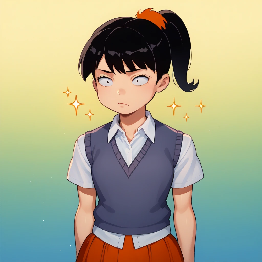 score_7_up, BREAK, source_cartoon, Akiko Yoshida, 1girl,  solo, black hair, ponytail, sweater vest, white shirt, school uniform, orange skirt, gradient background, sparkle background,