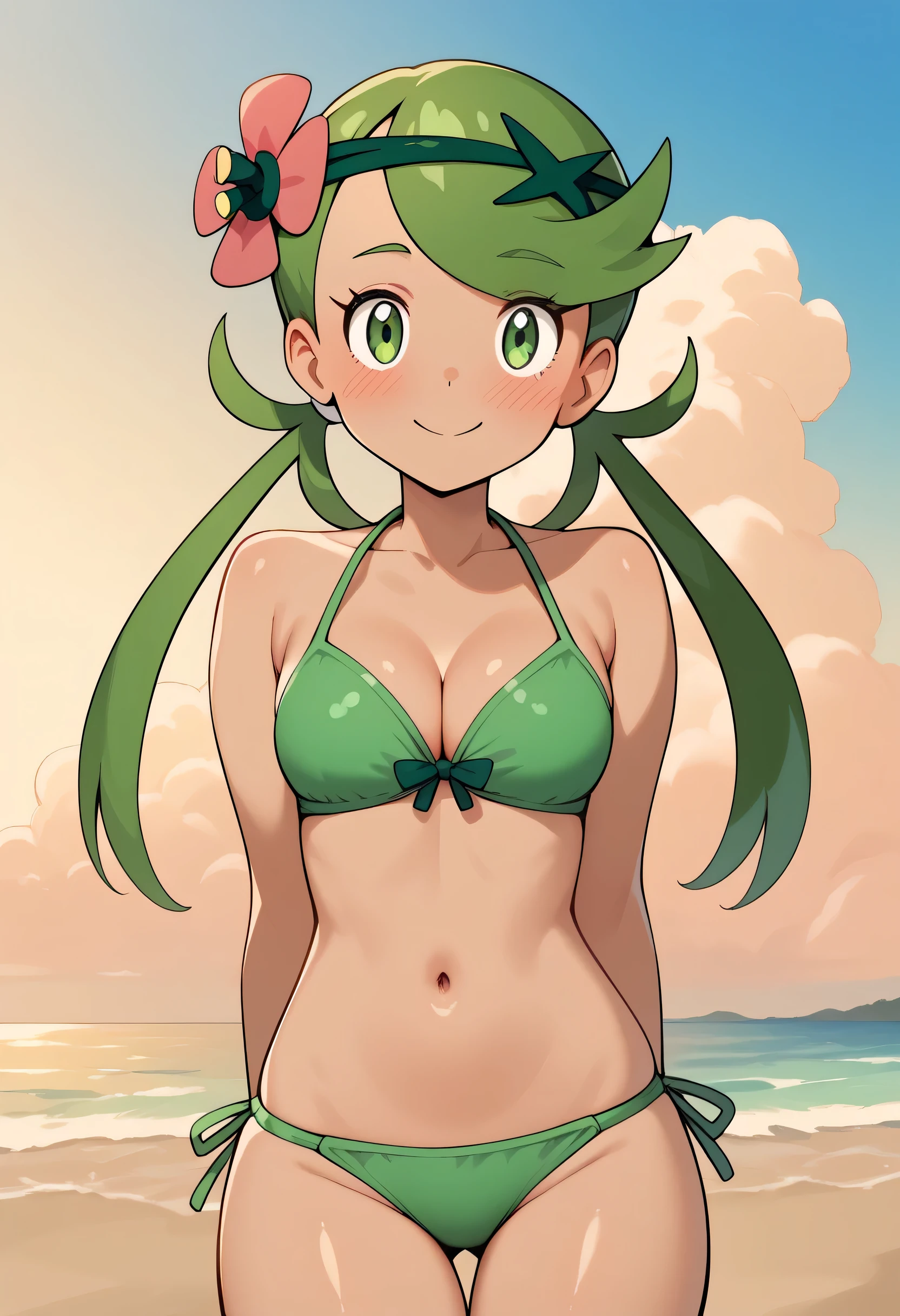 masterpiece, best quality, 1girl, solo, (curvy), cute, eyelashes, (beautiful eyes), , Mallow, green hair, green eyes, hair flower, hair ornament, looking at viewer, Cute bikini,embarrassing,blush,navel,((green bikini)),Beach,Blue sky,clouds, smile, looking at viewer, shiny skin,medium breast,embarrassing