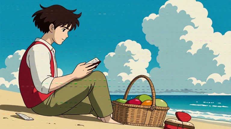  There's an 18-year-old boy in the distance . Oval face,  white skin ,  Blue black hair ,  Deep blue eyes , Curly Hair ,  A well-balanced, muscular body, comfortable clothes .  He's reading a book while picnicking at the beach.  Cool atmosphere.  Picnic basket and fruit lunch in front of boy, He has a sandwich .  He's looking at a book . 