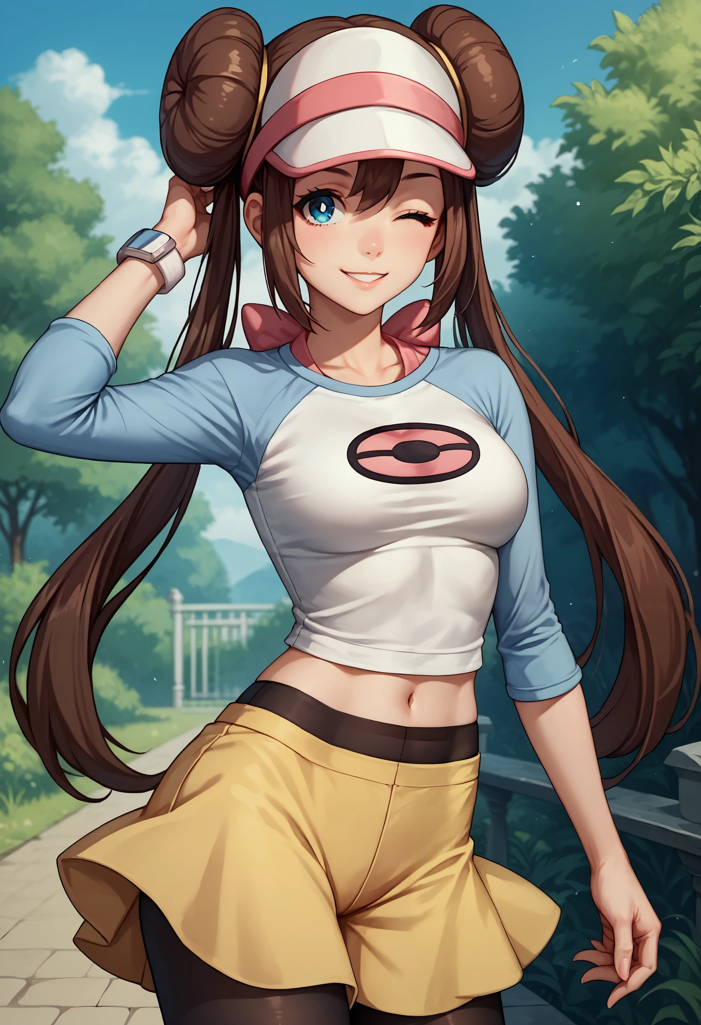 score_9, score_8_up, score_7_up, source_anime, 1girl, solo, outdoors, rosa, navel, smile, one eye closed, hand in head, brown hair, double bun, doughnut hair bun, hair bun, blue eyes, hair between eyes, twintails, pantyhose, pantyhose under shorts, raglan sleeves, skirt, yellow skirt, white shirt, blue sleeves, long sleeves, visor cap, looking at viewer, cowboy shot,