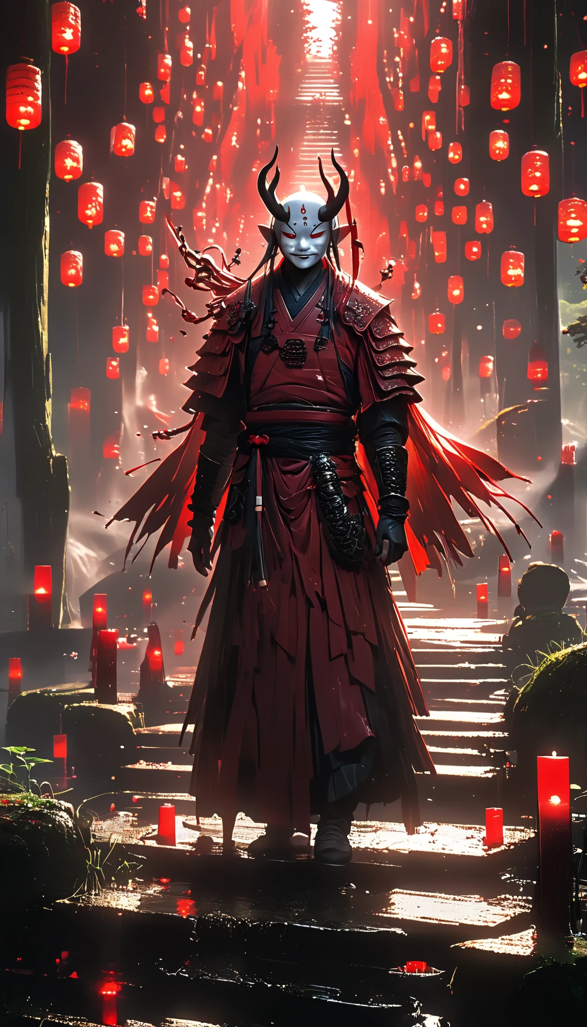 A spirit ,spectral, standing on a red bridge with lanterns on the sides with candles, Japanese-style pillared bridge , in a forest of bonsai trees and a ravine on the other side , floating on the bridge , long, broken black tunic with stains of mud and blood , red mask ,hood, Masterpiece,  Best Quality ,  ultra detailed,La  Best Quality ,High Resolutions,