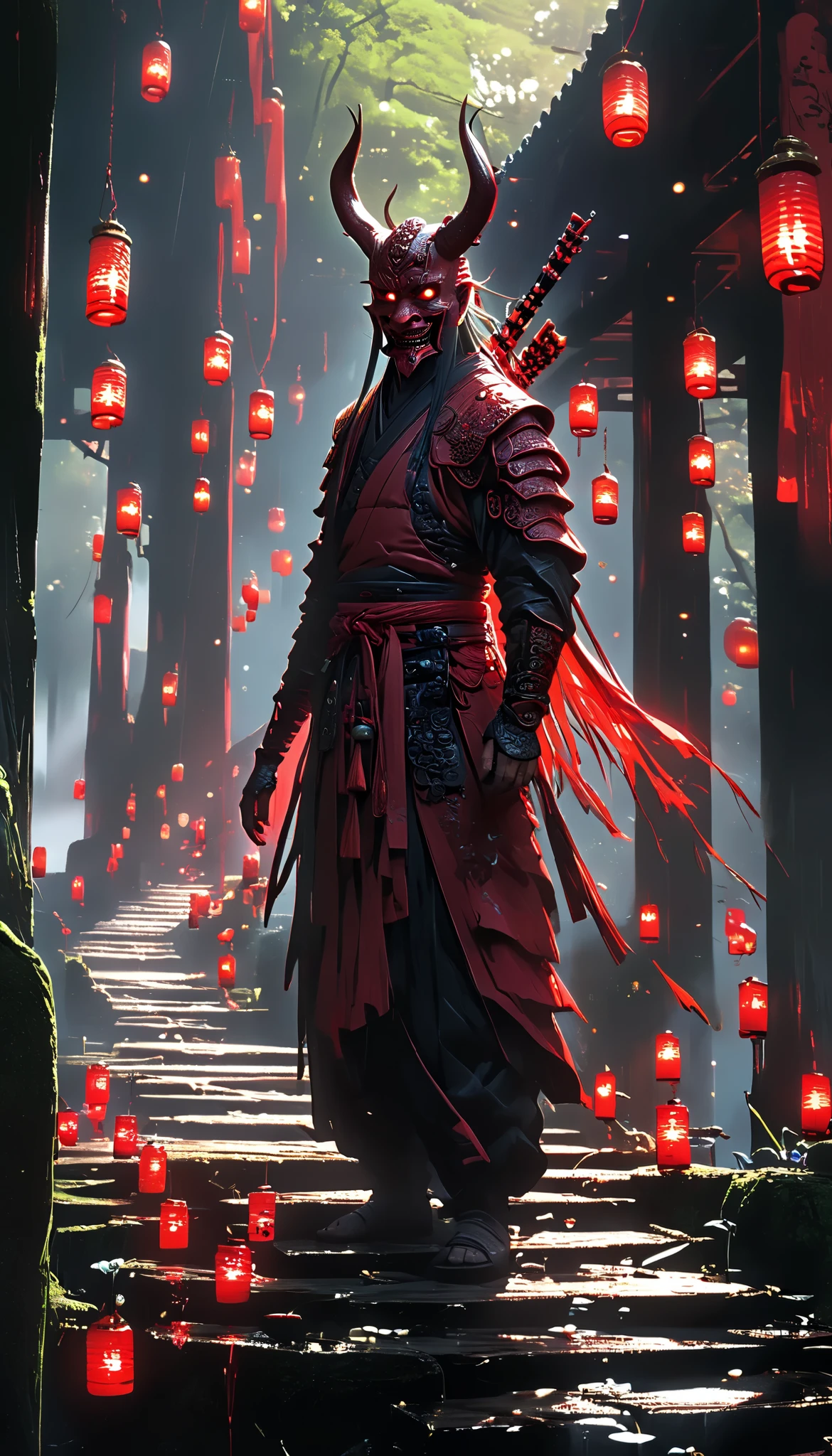 A spirit ,spectral, standing on a red bridge with lanterns on the sides with candles, Japanese-style pillared bridge , in a forest of bonsai trees and a ravine on the other side , floating on the bridge , long, broken black tunic with stains of mud and blood , red mask ,hood, Masterpiece,  Best Quality ,  ultra detailed,La  Best Quality ,High Resolutions,