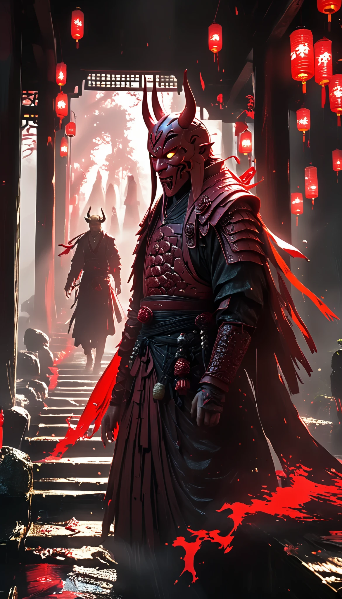 A spirit ,spectral, standing on a red bridge with lanterns on the sides with candles, Japanese-style pillared bridge , in a forest of bonsai trees and a ravine on the other side , floating on the bridge , long, broken black tunic with stains of mud and blood , red mask ,hood, Masterpiece,  Best Quality ,  ultra detailed,La  Best Quality ,High Resolutions,