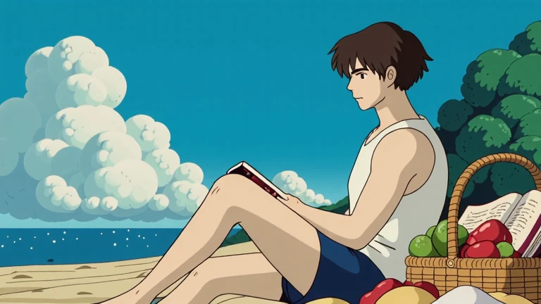  There's an 18-year-old boy in the distance . Oval face,  white skin ,  Blue black hair ,  Deep blue eyes , Curly Hair ,  A well-balanced, muscular body, comfortable clothes .  He's reading a book while picnicking at the beach.  Cool atmosphere.  Picnic basket and fruit lunch in front of boy, He has a sandwich .  He's looking at a book . 