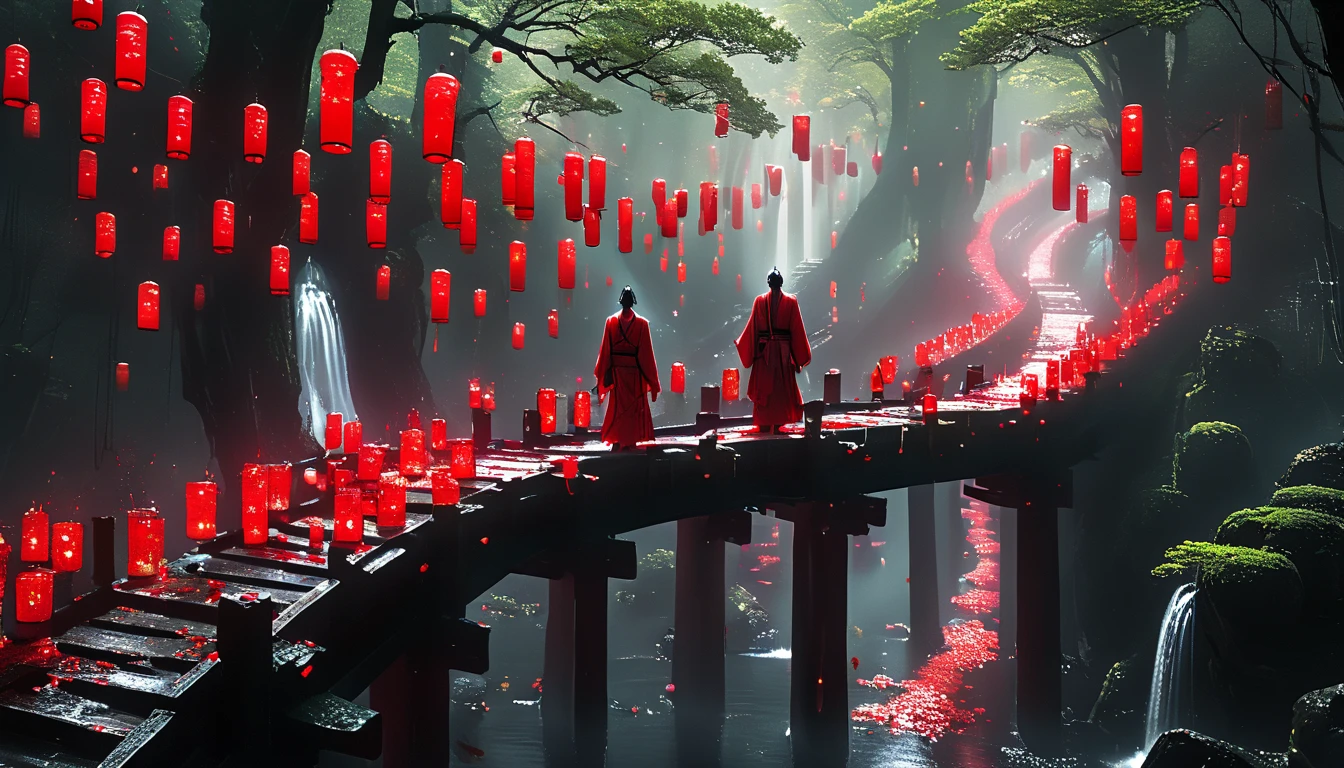 A spirit ,spectral, standing on a red bridge with lanterns on the sides with candles, Japanese-style pillared bridge , in a forest of bonsai trees and a ravine on the other side , floating on the bridge , long, broken black tunic with stains of mud and blood , red mask ,hood, Masterpiece,  Best Quality ,  ultra detailed,La  Best Quality ,High Resolutions,