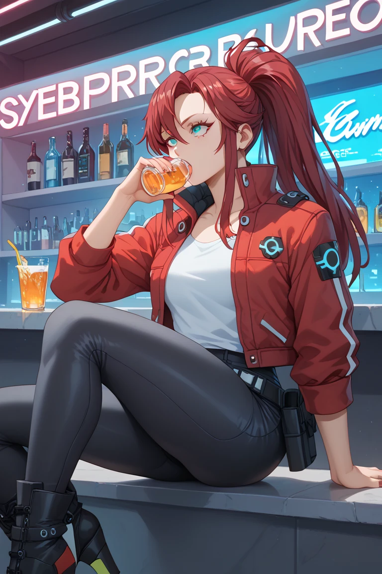  woman leader of a street gang in a bar , red jacket and black pants , redhead, long hair with ponytail ,  eyes with body modifications cyberpunk roll , boots with dangerous heels one arms two metal legs,half human/ robotics drinking in a cyberpunk bar , wears cartridges and a modified gun cyber ,lethal holster .( body similar to that of Yoko Litner ). 