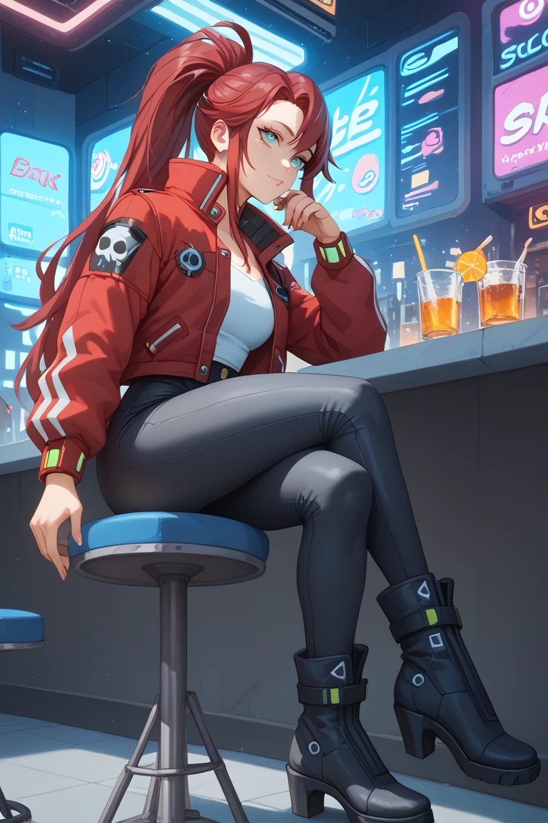  woman leader of a street gang in a bar , red jacket and black pants , redhead, long hair with ponytail ,  eyes with body modifications cyberpunk roll , boots with dangerous heels one arms two metal legs,half human/ robotics drinking in a cyberpunk bar , wears cartridges and a modified gun cyber ,lethal holster .( body similar to that of Yoko Litner ). 