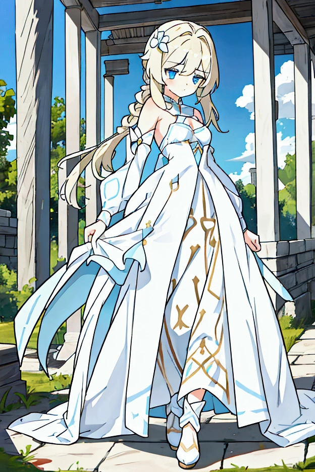 Young girl of , silky white skin. Slim body, E cup breasts, sky blue eyes. Very long and straight hair, pale blonde color, tied in a side braid. She wears a simple long dress, with long flared sleeves, neutral color, blue. Her shoes are white low-heeled sneakers. Shy.