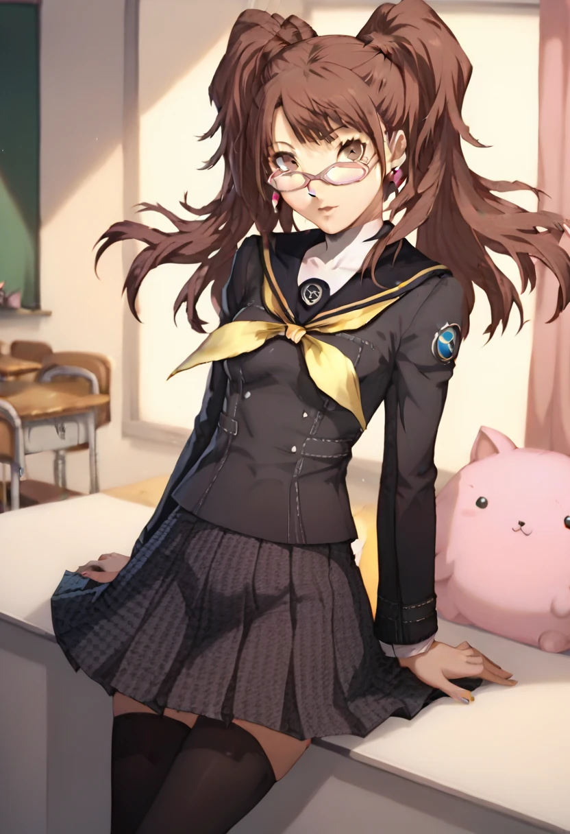 Kujikawa Rise, 1girl, solo, long hair, skirt, brown hair, thighhighs, long sleeves, twintails, brown eyes, school uniform, black shirt, pleated skirt, black skirt, earrings, glasses, pink frame eyewear serafuku, black thighhighs, yellow neckerchief, yasogami school uniform, ropa rota, sujetador negro, bragas negras, llorando, sonrojada, 