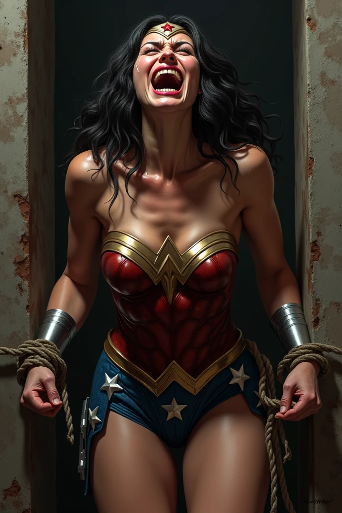 (((Supergeroine Wonderwoman in the tropical Forrest, welcome to the tortured jungle))), (She's on all fours in the mud, with her hands cuffed and chained to be beaten and raped)) ((she is barefoot)), sem calcinha, Without bra. WONDER WOMAN SUPERHEROINE. She is sweaty all over her body. She is screaming in terror, She is terrified, She is crying a lot. ela tem cabelos escuros, ela tem cabelos compridos)), ((His hands are attached to the wall by handcuffs with thick chains. His ankles are tied to the ground by handcuffs with thick chains)). She screams and begs for mercy, Ela cai no choro. The ropes run down the middle over her back through her married sleeve swimsuit to tie her legs just above her knees and ankles. Wearing a thick metal necklace around the neck with a chain. ( your clothes are wet) (Sua urina escorre pelas pernas, your urine dripping on the floor. ) (Your body is scratched, ela tem hematomas pelo corpo) (she's drooling, seus olhos revirados, the makeup of the face is blurry) (Your clothes are immoral, your clothes are indecent try to hide your body in shame, ela esta tremendo de medo), ((Shibari, Hands tied behind their backs)), (fortemente contida por cordas)