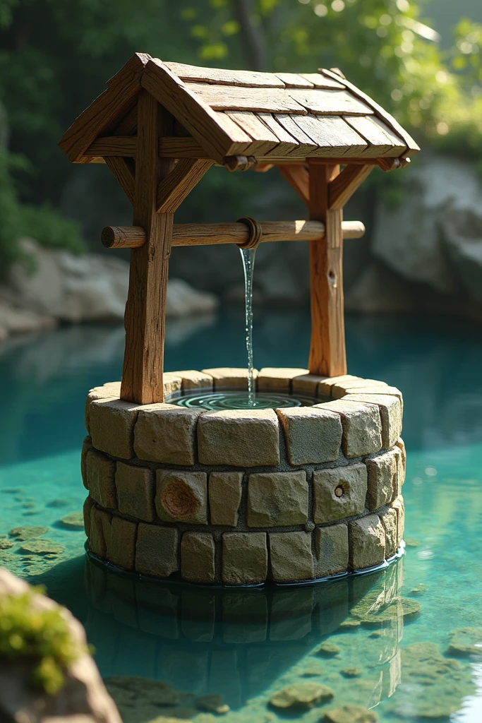 Boy with a small coin in his hand ,look at the wishing well with determination