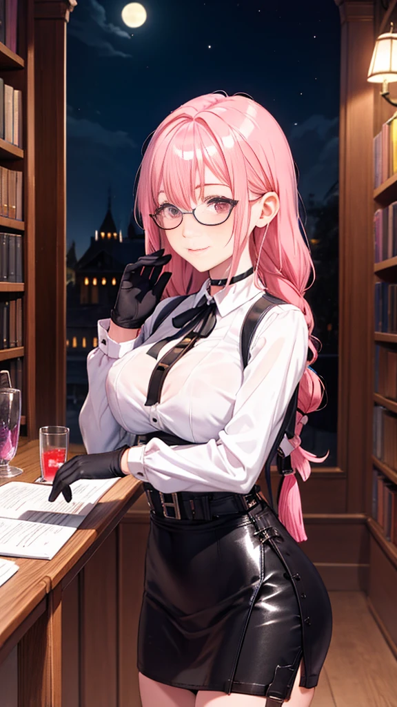 1 girl, Yanagi Tsukishiro , Alone, standing, front view,  watching the spectator,  detailed eyes , pink eyes,  simple shoulder strap , auricular, harness, glasses,  choker :1.6,  black gloves, shiny high-waisted miniskirt,  white shirt with collar,  simple shoulder strap , auricular, harness,  neck strap , shy, smile,  gunman shot, biblioteca antigua gothic style, gothic style,  at night