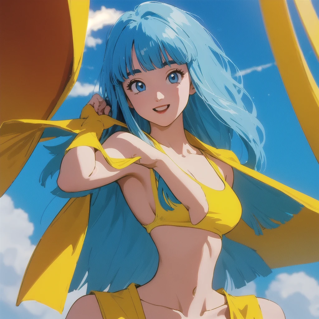  Moroccan masterpiece ,  best quality ,  Top Quality, photorealistic, anatomie parfaite, visage parfait, yeux parfaits,
marondballz, blue hair, 1fille, Alone, Breasts, sky, cloud, cleavage, blue sky, blue eyes, medium Breasts, jour,   smile, lunettes, yellow swimsuit,  haut du corps,  long hair, lunettes on head, lunettes sur la tête, fringe, exteriors, pose sexy