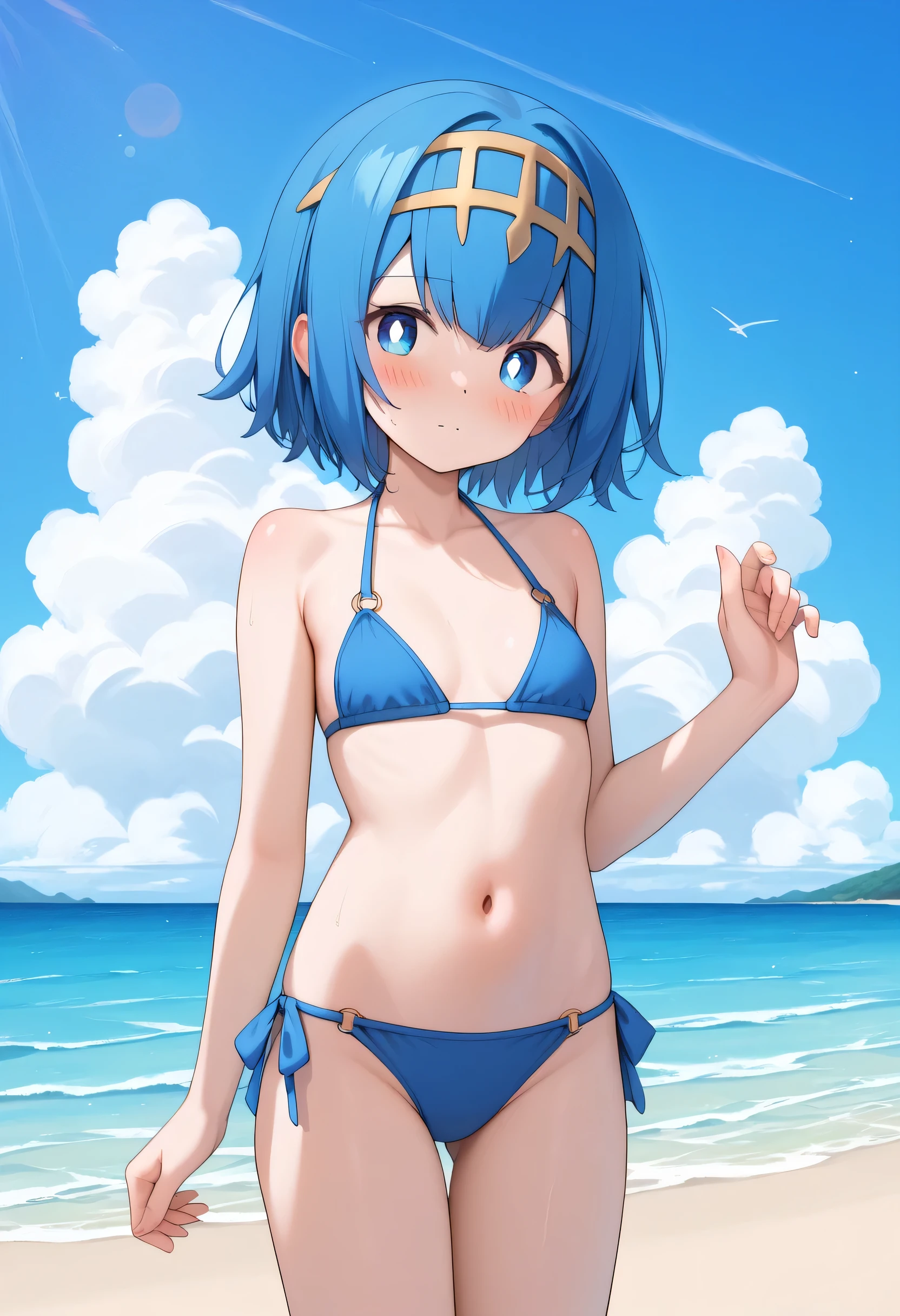 ((8k, top quality, masterpiece: 1.3)),best quality, ultra high res,score_9, score_8_up, score_7_up, score_6_up, score_5_up, score_4_up, source_anime, pkmnLana, white pupils, headband, beach, blue sky, clouds, looking at viewer, Cute bikini,embarrassing,blush,navel，