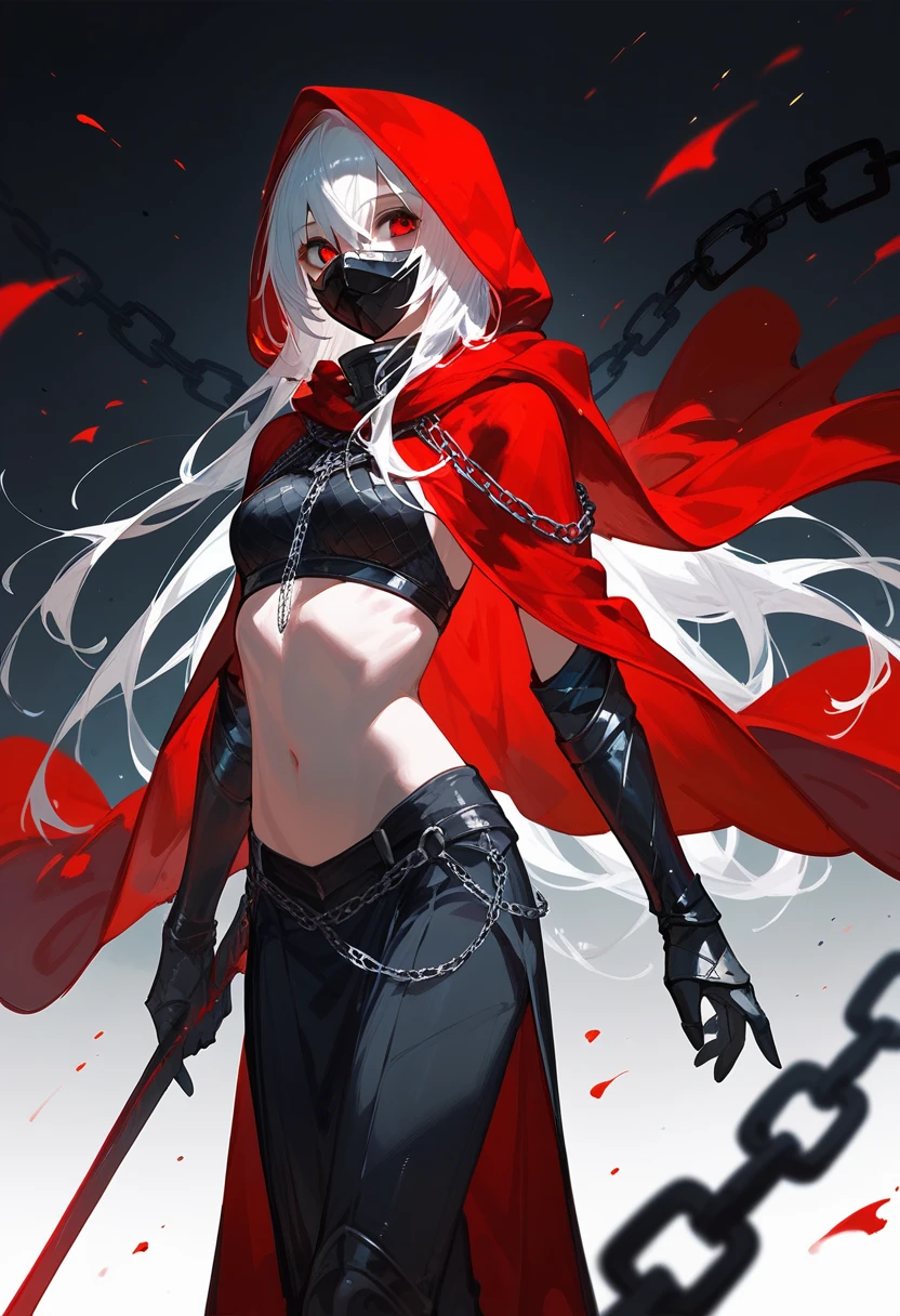 knight,Black Mask ,cool,Skinny red, with a red side shawl,With black chain,Long hair, in red eyes ,Red Hood 