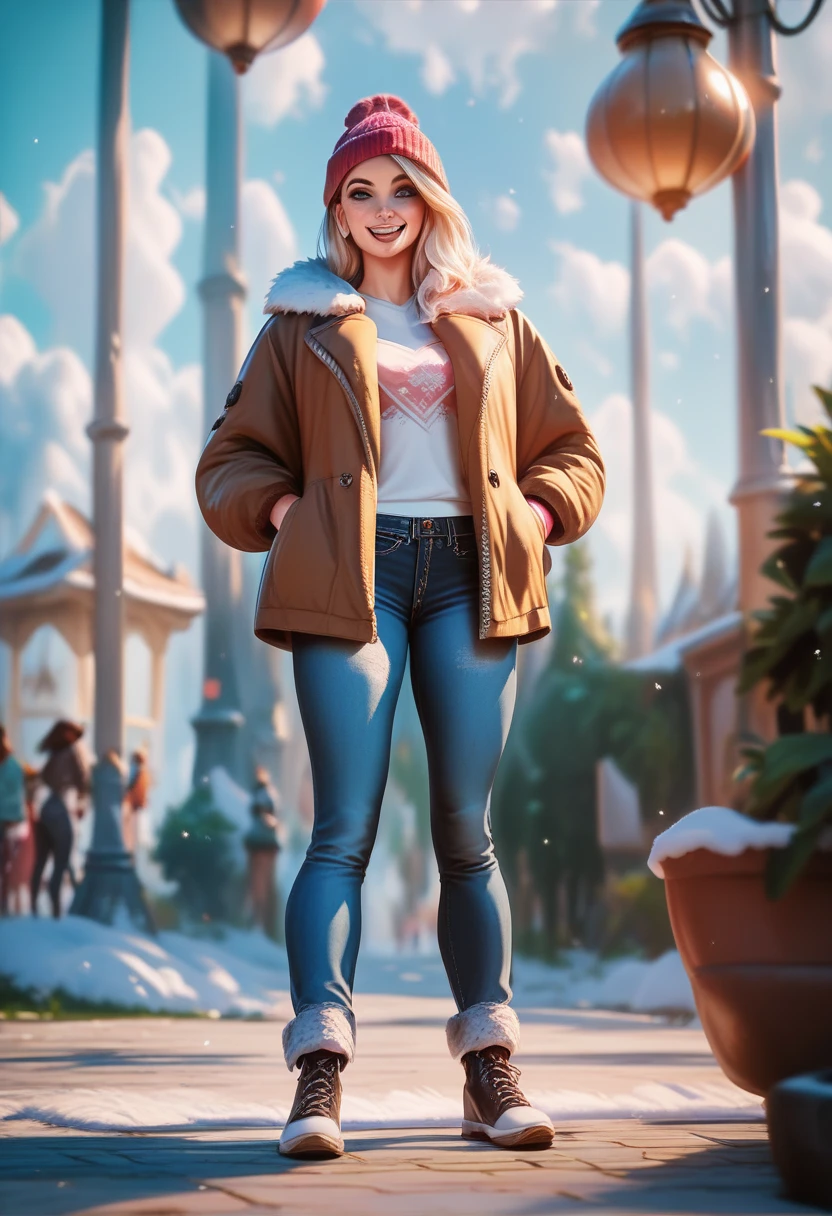 masterpiece, official art, 8k, best quality, highly detailed, female vixen, winter clothing (perfect clothing) the vixen is wearing a pufferjacket, hoodie, beanie, jeans and uggs