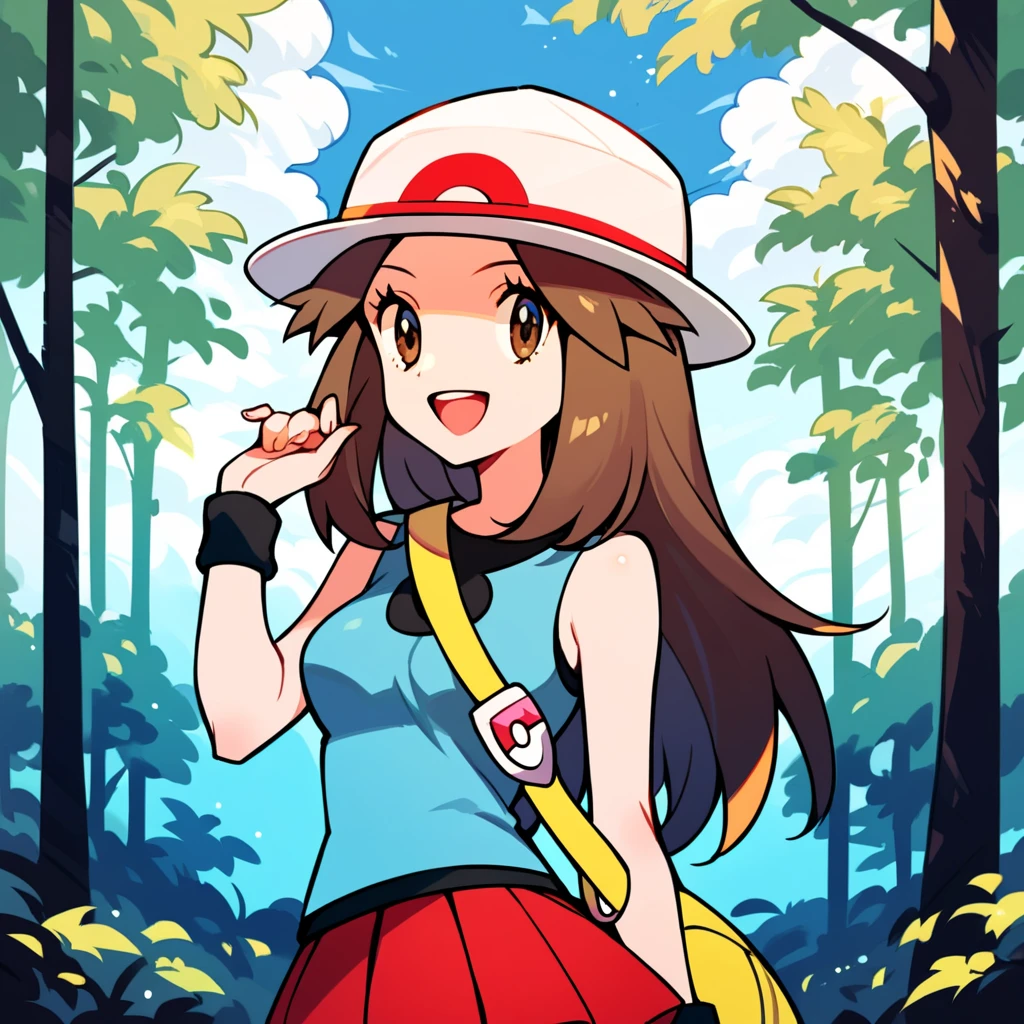 score_9, score_8_up, score_7_up, score_6_up, best quality, source_anime, cel shading, flat color, vector, detailed background, blue background, clouds, trees, forest, BREAK 1girl, solo, leaf_(\pokemon\), brown hair, long hair, brown eyes, white hat, blue sleeveless shirt, red skirt, blue socks, yellow duffle bag, wristbands, medium breasts, cowboy shot, looking at viewer, smile, open mouth, teeth, one hand on hat, 