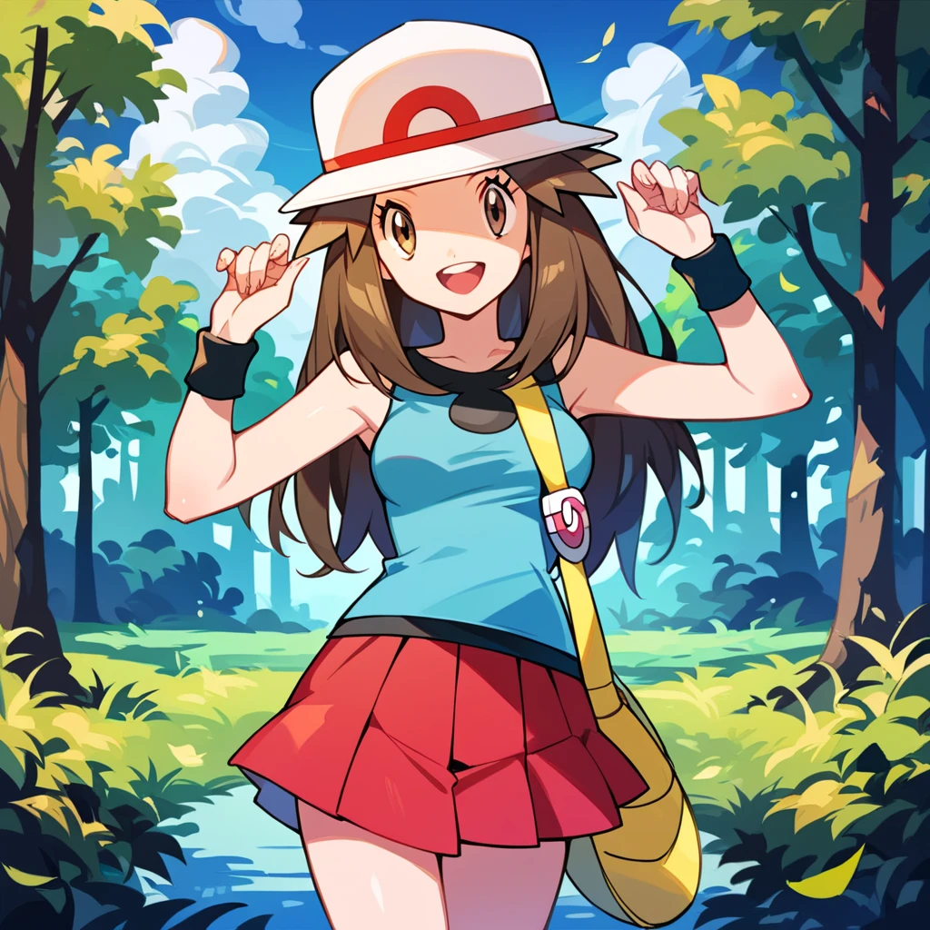 score_9, score_8_up, score_7_up, score_6_up, best quality, source_anime, cel shading, flat color, vector, detailed background, blue background, clouds, trees, forest, BREAK 1girl, solo, leaf_(\pokemon\), brown hair, long hair, brown eyes, white hat, blue sleeveless shirt, red skirt, blue socks, yellow duffle bag, wristbands, medium breasts, cowboy shot, looking at viewer, smile, open mouth, teeth, one hand on hat, 