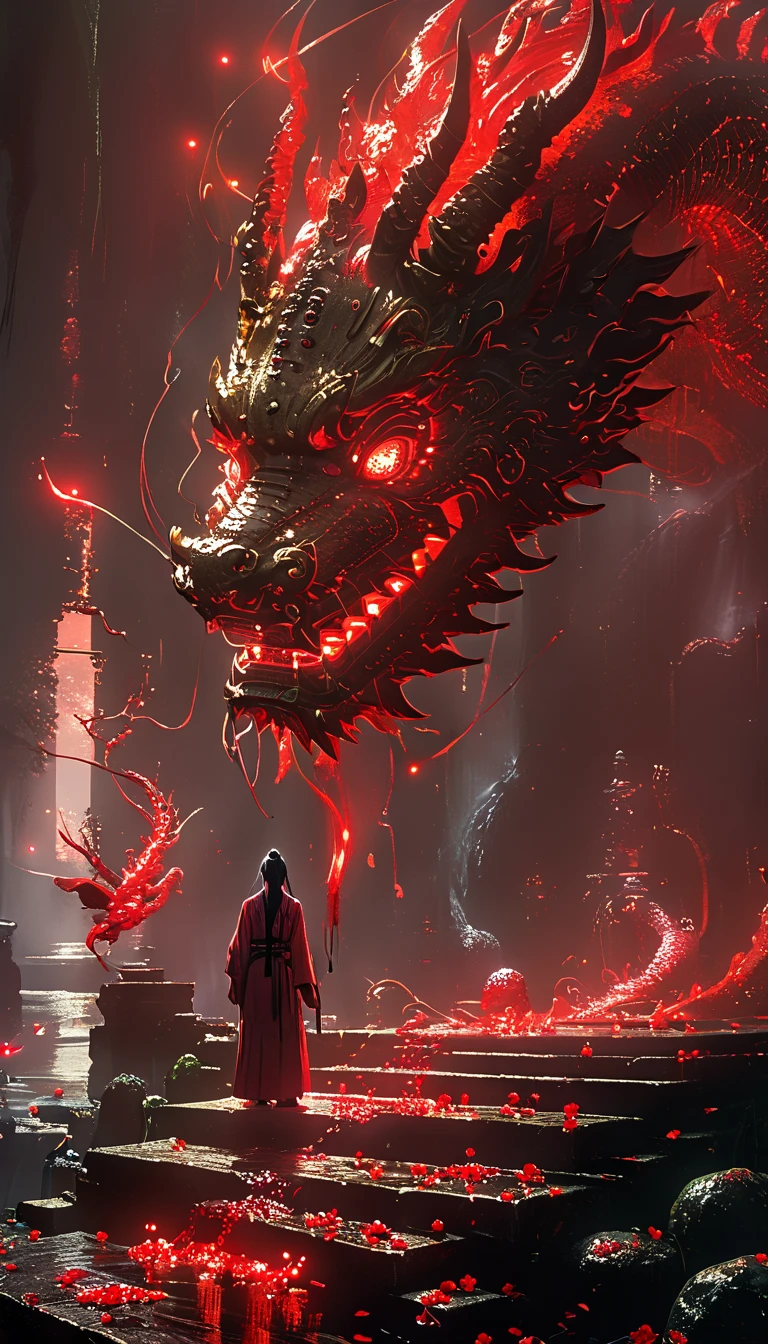 A spirit ,spectral, standing on a red bridge with lanterns on the sides with candles, Japanese-style pillared bridge , in a forest of bonsai trees and a ravine on the other side ,Elder Dragon,red rays, floating on the bridge , long, broken black tunic with stains of mud and blood , red mask ,hood, Masterpiece,  Best Quality ,  ultra detailed,La  Best Quality ,High Resolutions,