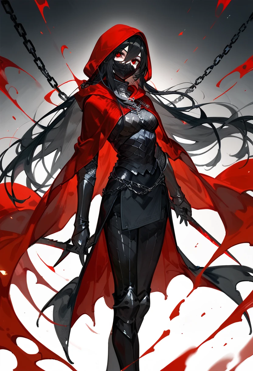 knight,Black Mask ,cool,Skinny red, with a red side shawl,With black chain,Long hair, in red eyes ,Red Hood ,Black hair,