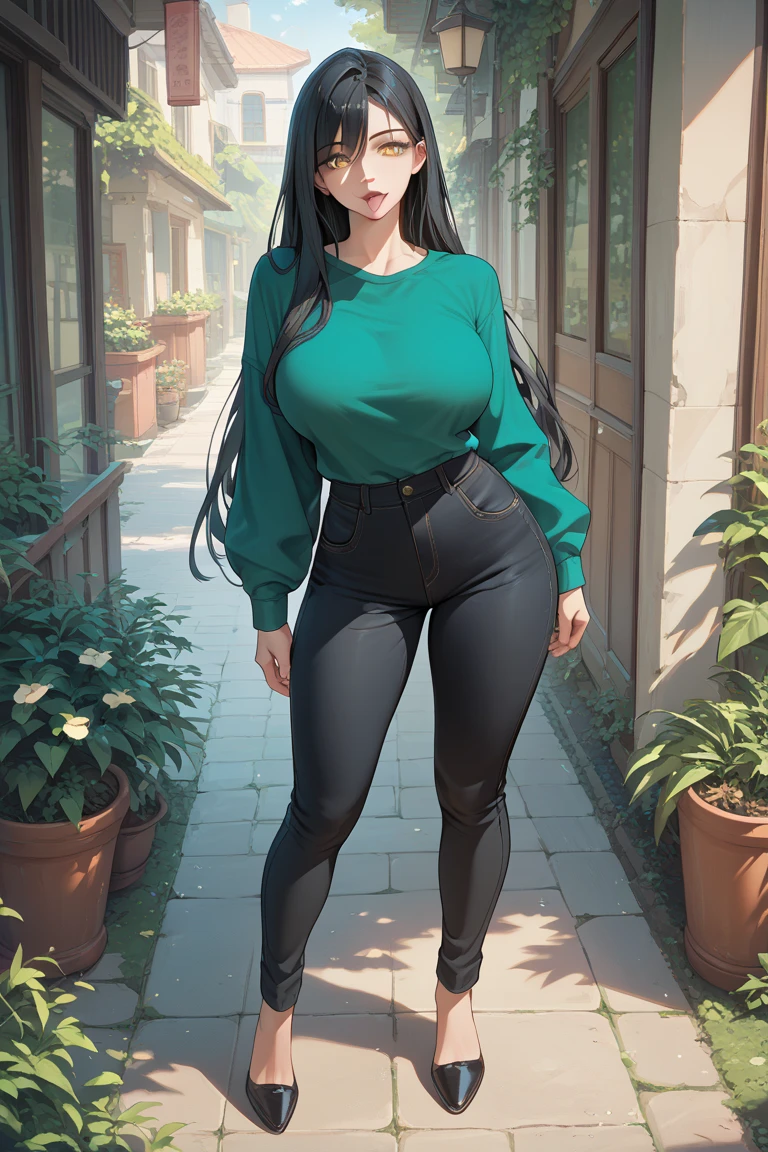  long hair,  black hair,  big breasts,  yellow eyes ,  Tongue out,beautiful,green shirt,  black pants , full body