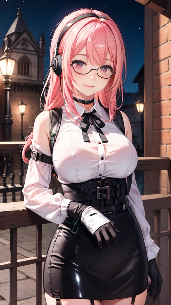 1 girl, Yanagi Tsukishiro , Alone, standing, front view,  watching the spectator,  detailed eyes , pink eyes,  simple shoulder strap , earpiece, harness, glasses,  choker :1.6,  black gloves, shiny high-waisted miniskirt,  white shirt with collar,  simple shoulder strap , auricular, harness,  neck strap , shy, smile,  gunman shot, biblioteca antigua gothic style, gothic style,  at night