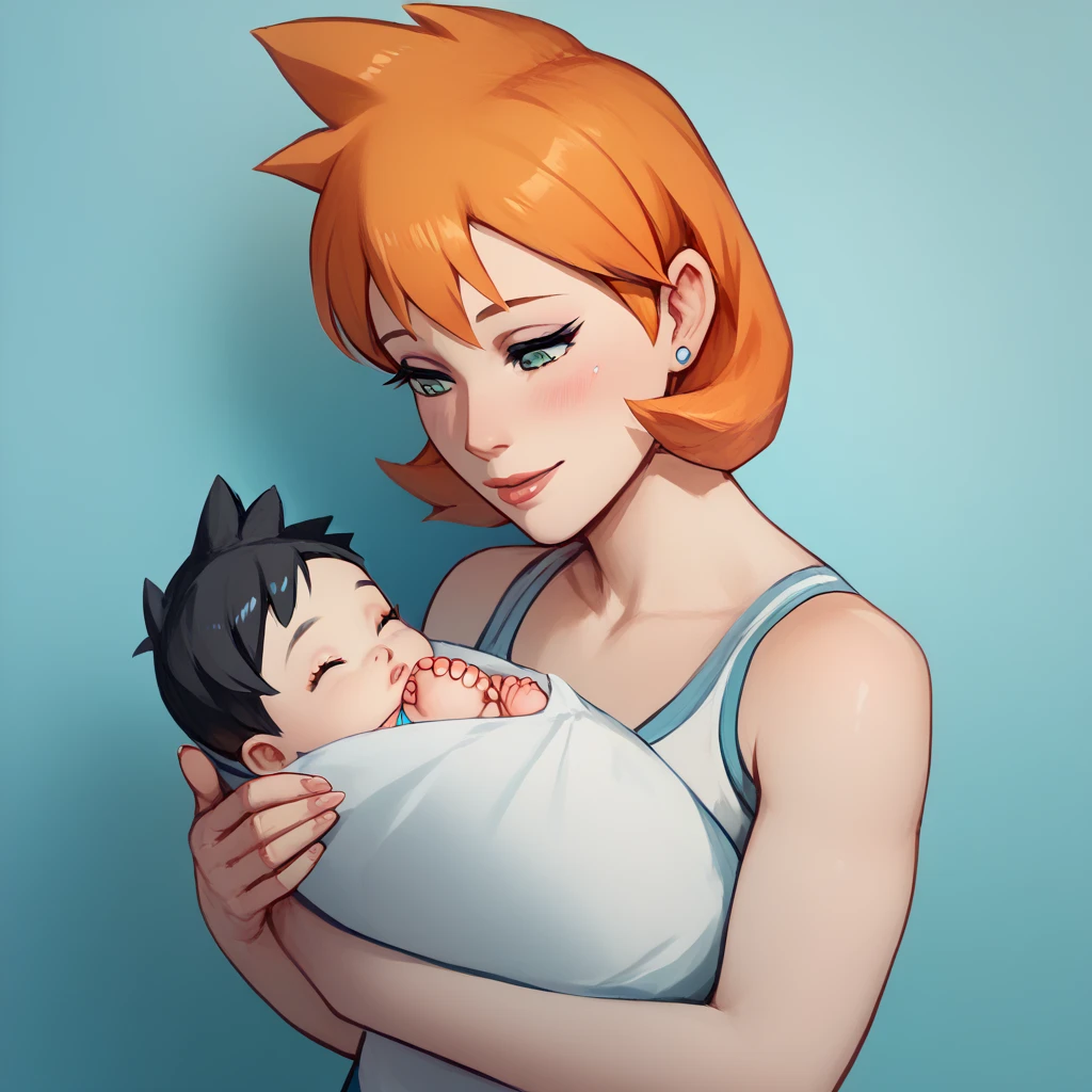 highly detailed, (duo focus), highres, 1woman, 1baby, BREAK, 1woman, Misty_G2, orange hair, holding baby, BREAK, 1baby, black hair, baby black hair, mother with baby, **** carry, swaddled,