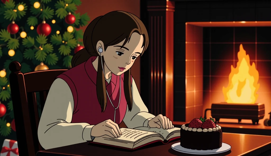 There is an 18 year old girl with earphones . Oval face,  white skin ,  brown hair, brown eyes,  Long untied hair ,  Comfortable clothes , Put on earphones.  She is studying with a blanket next to a Christmas tree and a lit fireplace.  A dark light with a warm atmosphere .  There is a carved cake with hot chocolate and strawberries in front of the girl . The girl is looking at the books . Looking at her from above .