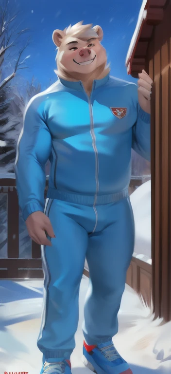Draw a chubby cute boy,Stand in front of a hut in the snow。Goggles are worn on the forehead,Wear a tight Calvin Klein men's underwear and curved legs.,The clothes are open to reveal the belly,Chubby 18 year old boy,The crotch protrudes,pupils,prominent pubis,Shy,The crotch protrudes,Protruding pubis,The crotch is raised