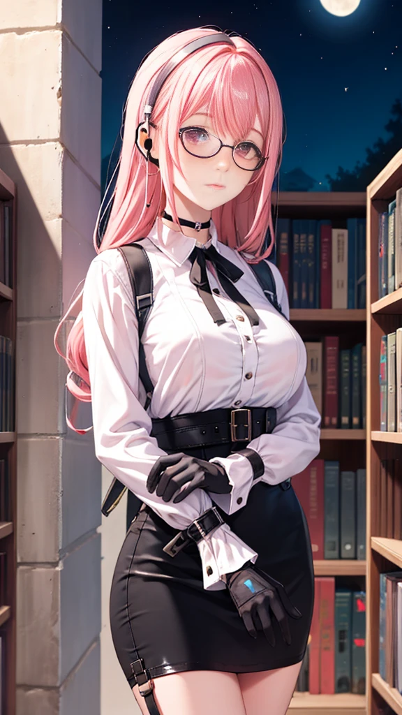 1 girl, Yanagi Tsukishiro , Alone, standing, front view,  watching the spectator,  detailed eyes , pink eyes,  simple shoulder strap , earpiece, harness, glasses,  choker :1.6,  black gloves, shiny high-waisted miniskirt,  white shirt with collar,  simple shoulder strap , auricular, harness,  neck strap ,  shy expression ,  gunman shot, biblioteca antigua gothic style, gothic style,  at night