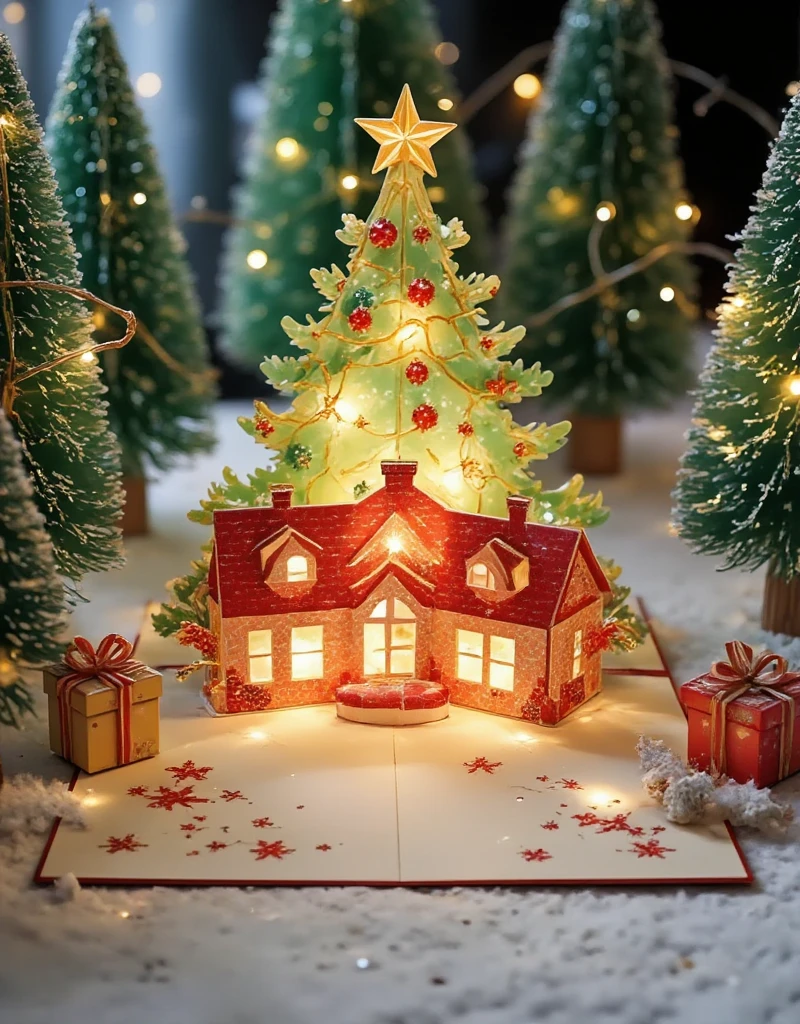 , Christmas tree, and gift boxes.  highlight text ，For example "Limited-time offer" and ""Merry Christmas" There's a shiny wooden house in the devil's forest,Cardboard art engraving