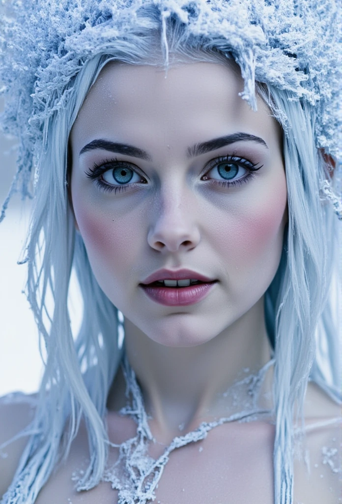 ((masterpiece)) ((photography)) ((Highest quality)) A close-up portrait of a young woman with striking blue eyes surrounded by intricate patterns of frost on her skin, resembling ice crystals. Her hair is lightly dusted with snowflakes, and her lips appear soft and pale against the wintery background. The overall atmosphere is cold and ethereal, evoking a sense of winter magic and beauty.