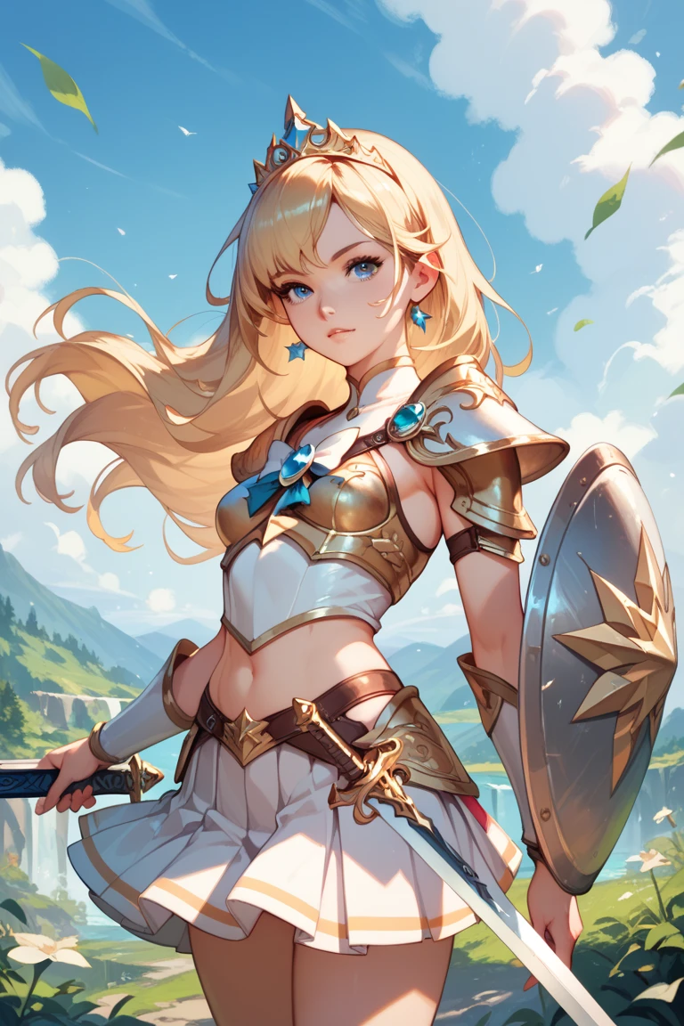 A beautiful magical girl warrior, long blonde hair, blue eyes, small breasts,Fantasy cropped armor  white pleated skirt. Tiara, sword and shield she goes on an adventure trip She walks through an imaginative landscape