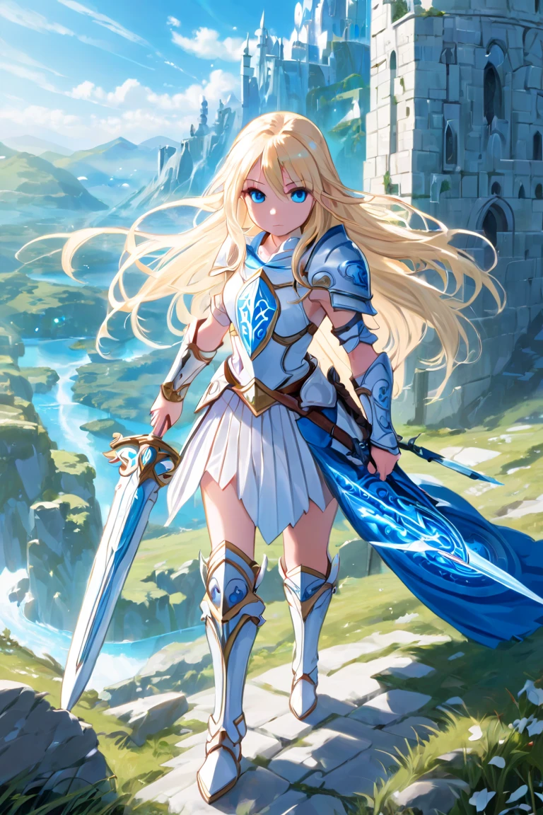 A beautiful magical girl warrior, long blonde hair, blue eyes, small breasts,Fantasy cropped armor  white pleated skirt. Tiara, sword and shield she goes on an adventure trip She walks through an imaginative landscape