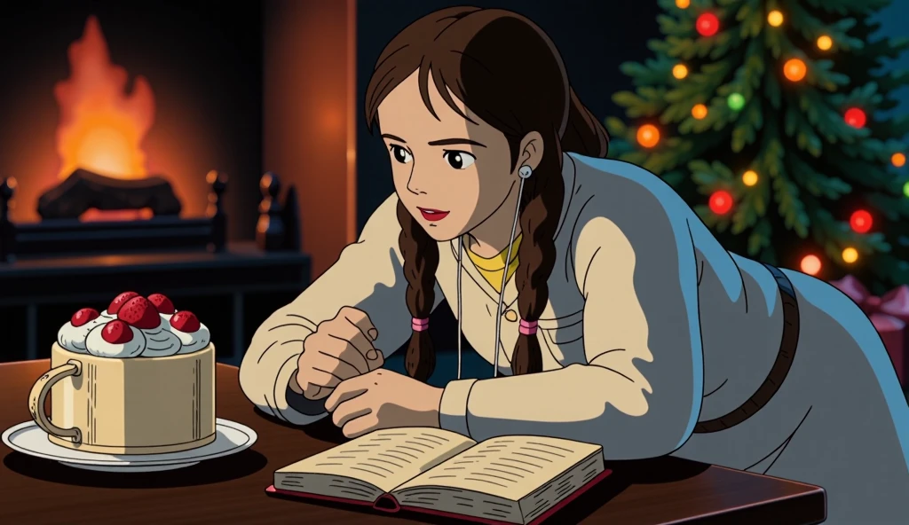 There is an 18 year old girl with earphones . Oval face,  white skin ,  brown hair, brown eyes,  Long untied hair ,  Comfortable clothes ,   She is studying with a blanket next to a Christmas tree and a lit fireplace. Chang Ba a dark light with a warm atmosphere .  In front of the girl is a fresh cream cake topped with hot chocolate in a mug and strawberries. The girl is looking at the books . Looking at her from above .