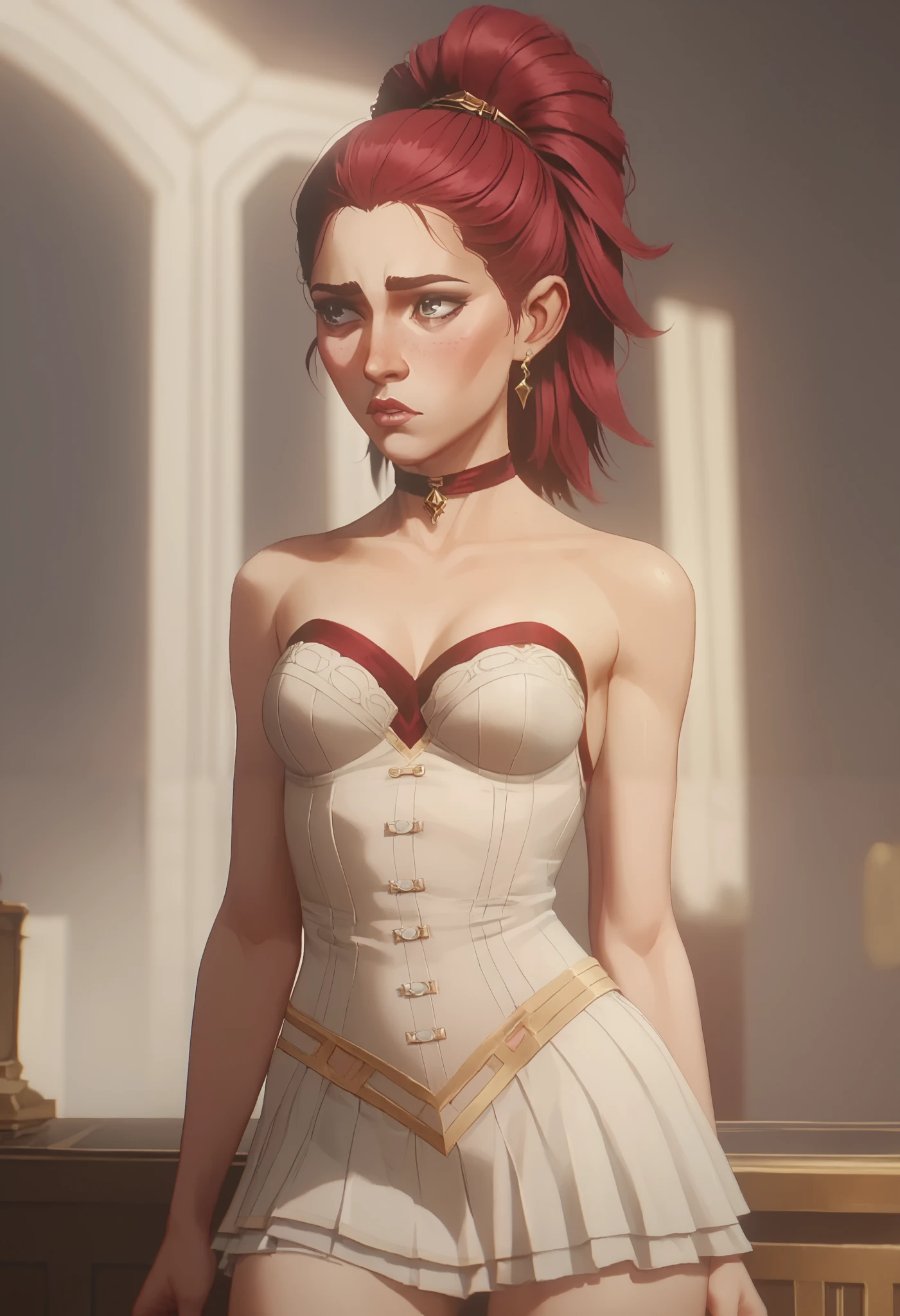 Anime Style, Sexy Woman, 20 years old, short pink curly hair, pink eyes, medium bust, <lora:arcaneStyleLora_offset:1>