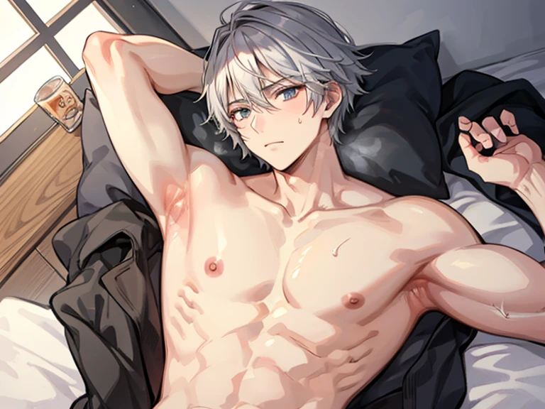 masterpiece, best quality, high quality, 1boy, solo, male focus, looking at viewer, showing his muscle, showing knees, on bed, shirtless, shirt off, asta, green eyes, headband, grey hair, spiked hair, medium body, showing his penis, big dick, naked, sleeping, lying on bed.