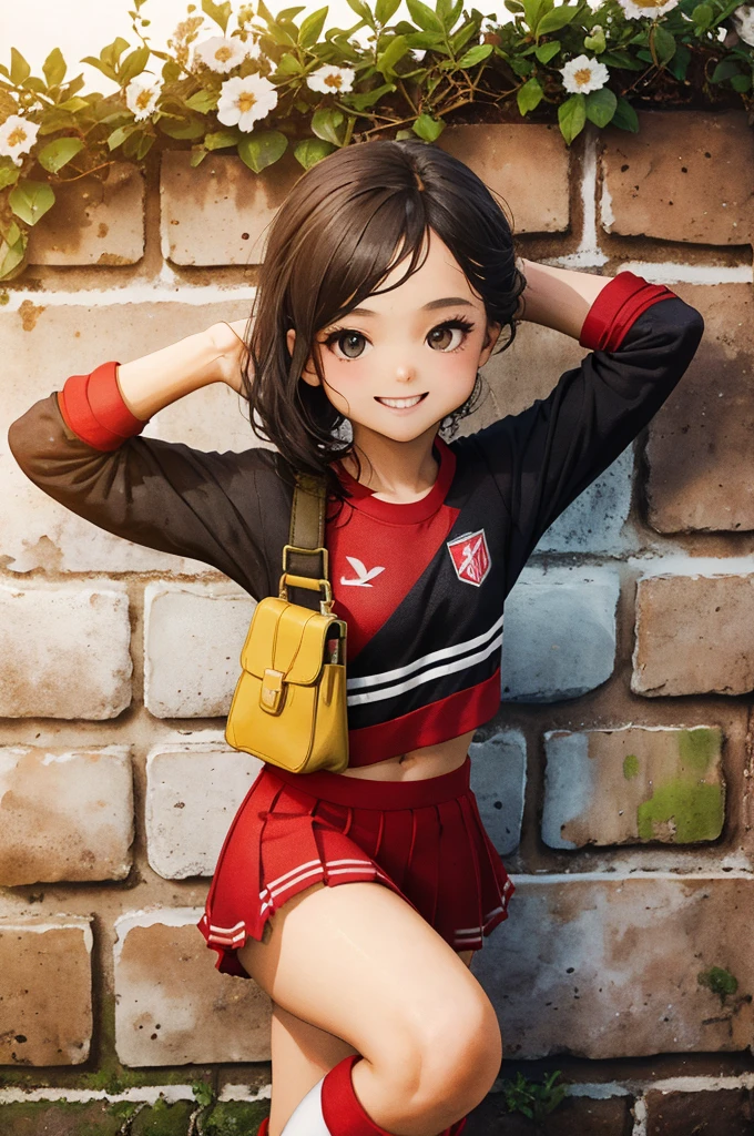 masterpiece,best quality,newest,absurdres,depth of field,1girl,perfect body,looking side,smile,white long tulle skirt,white zipup boots,red soccer jersey,oversized jersey,a luxury brand shoulder bag,stand against the brick wall,full_shot,front view,dynamic_angle,