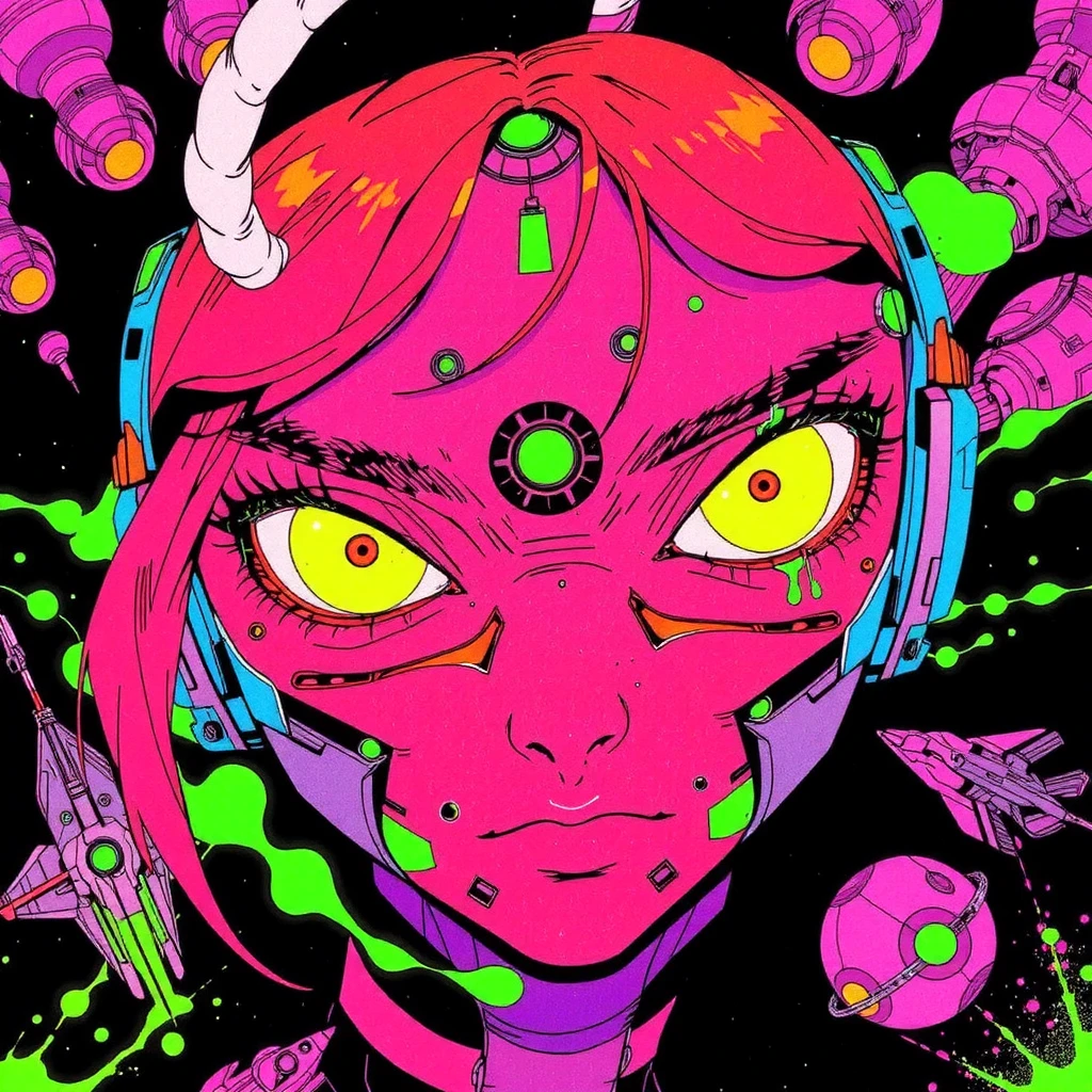 ((best quality)), ((masterpiece)), (detailed), perfect face of cyberpunk mecha japanese girl, neon pink body, neon pink hair, big neon lime green eyes, ((monochromatic neon pink, orange and lime green color palette)), surreal, art nouveau, in the illustrative style of moebius, spaceships, aliens, fantasy, sci-fi, graphic novel, line drawing, french retro, bizarre, gallery worthy, work of uncanny art, splashes of neon lime green, ulzzang, &quot;James Jean Simple&quot; Psychedelic Art，Chasing in space , devilish ;James Jean Simple&quot; Psychedelic Art，Mask 