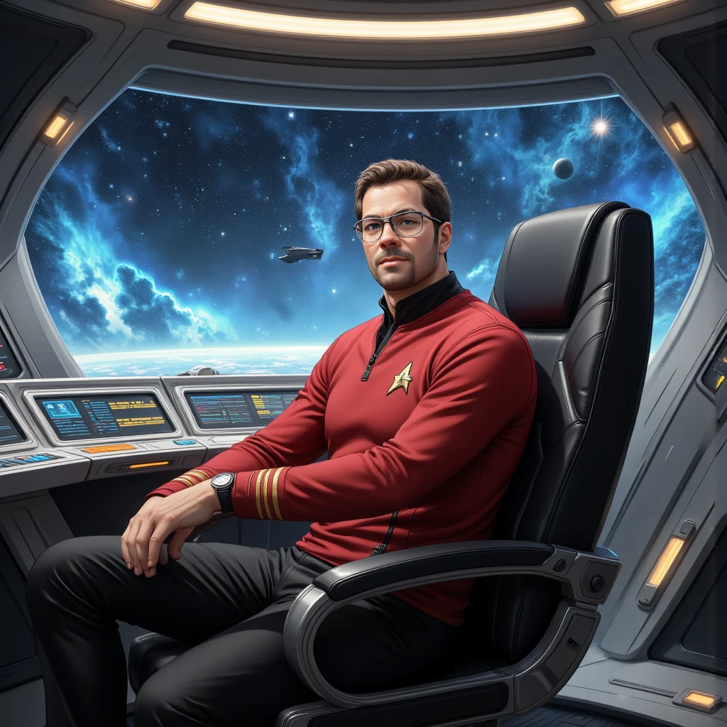 "(best quality, masterpiece:1.2), an ultra-detailed digital artwork of 'Pivalora1,' a man wearing glasses and dressed in a classic Star Trek uniform, seated confidently in a futuristic spaceship captain's chair. The scene is set within a high-tech starship bridge, featuring intricate control panels with glowing interfaces and an expansive panoramic window that reveals a breathtaking view of a vibrant nebula and countless distant stars in the vastness of deep space. Soft, cinematic lighting accentuates the metallic textures of the bridge's sleek interior, creating an immersive, futuristic atmosphere. The man's pose exudes authority and confidence, his slight smile conveying the charisma and calm demeanor of a commanding officer. The composition balances sharp detail and vivid colors, evoking the essence of space exploration and leadership in a sci-fi universe."