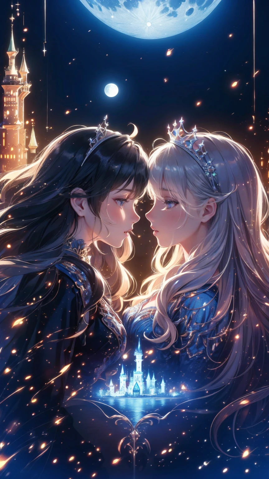 (8k,  top quality, masterpiece)， Add Double Exposure,  silhouette, (A Princess, One Knight , face to face),  Upper Body Closeup, Moonlit Night,  Cinderella Castle ,  outdoor,  Confessions in the Moonlight