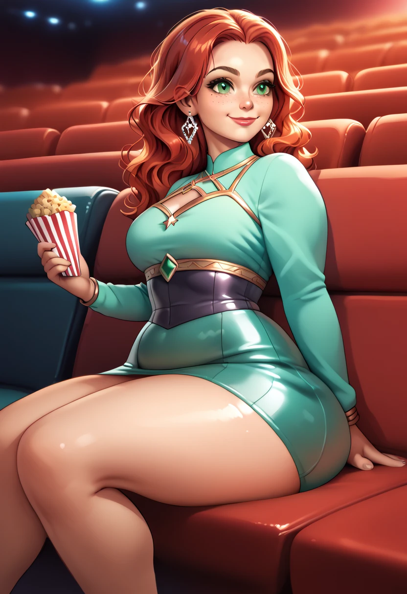 High quality, high resolution,masterpiece, intricate details, 1 girl, solo, beautiful, beautiful face, gorgeous emerald green eyes, long wavy red hair, red plump lips, cute nose, freckles, cool hairstyle, shiny light green top, shiny light green skirt, high heels, slim waist, wide hips, huge butt, thick thighs, beautiful legs, movie theater, seats, popcorn, sitting down, watching movie, very intressed in the movie, calm, relaxed, smile, closed mouth