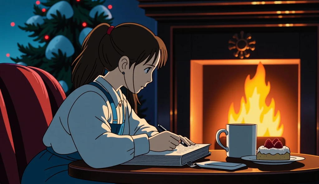 There is an 18 year old girl with earphones . Oval face,  white skin ,  brown hair, brown eyes,  Long untied hair ,  Comfortable clothes ,   She is studying with a blanket next to a Christmas tree and a lit fireplace. Writing with a pen in one hand . It's a dark night and it's snowing outside the window .  A dark light with a warm atmosphere .  In front of the girl, a warm drink is in a mug, and the ,  plate has a slice of fresh cream cake topped with strawberries. The girl is looking at the books . Looking at her from above .