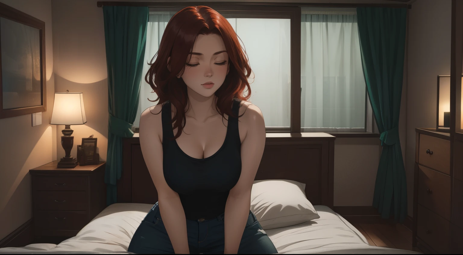 "A cozy and cinematic bedroom with a dark, rainy atmosphere featuring A woman big bobs with short wavy auburn red hair, wearing a lush brown tank top and fit jeans, The woman is lies on bed. The room is illuminated by moody neon lights in shades of deep purple and soft green, casting a mysterious and calming glow on the walls. A vintage classic TV is playing static or an old movie, adding a nostalgic touch. Through the large glass window, heavy rain is visible, with water droplets streaming down the glass, creating a serene ambiance. The room features minimalistic furniture, with a comfortable bed and a small nightstand. The scene is rich with detail, evoking a sense of solitude and introspection."