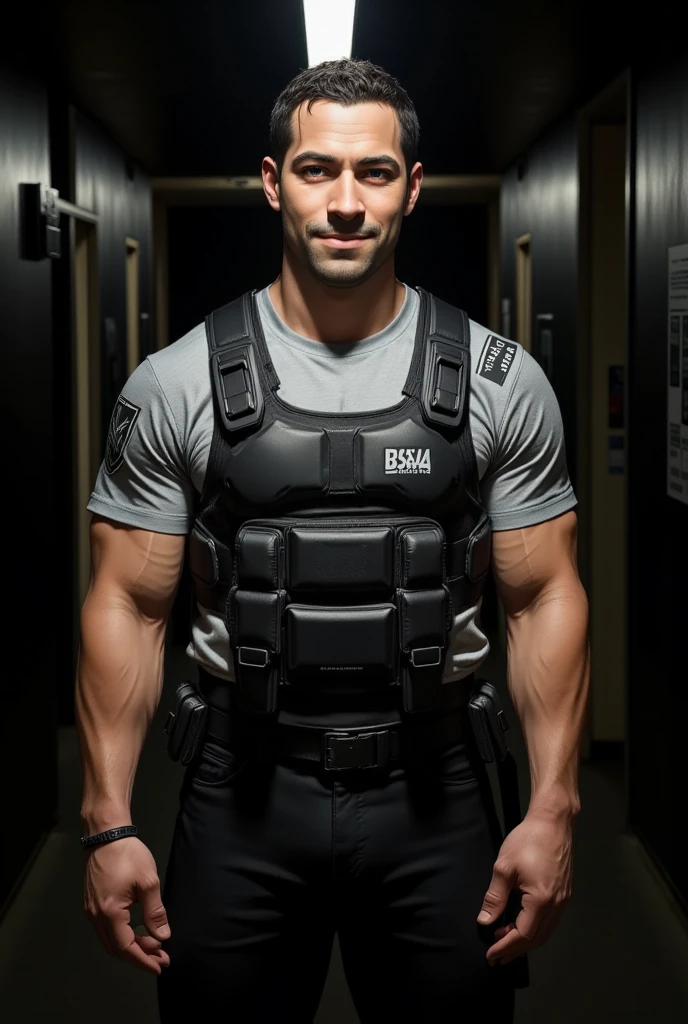 pivalora1, 1man, solo | (35-year-old, ruggedly fit and muscular), featuring (defined biceps, toned abs, and a powerful chest) | dressed in a grey T-shirt with (black accents and a clearly visible BSAA logo on the shoulder) | layered tactical outfit with reinforced details such as (chest rigs, utility straps, and shoulder guards) | his smirk adds a confident and mysterious aura | upper body shot | set in a (dark, narrow, abandoned hallway), surrounded by faint light sources and deep shadows | cinematic style, hyper-realistic textures, subtle light reflections on his suit | moody, high-contrast composition | best quality, masterpiece, high resolution:1.2.”