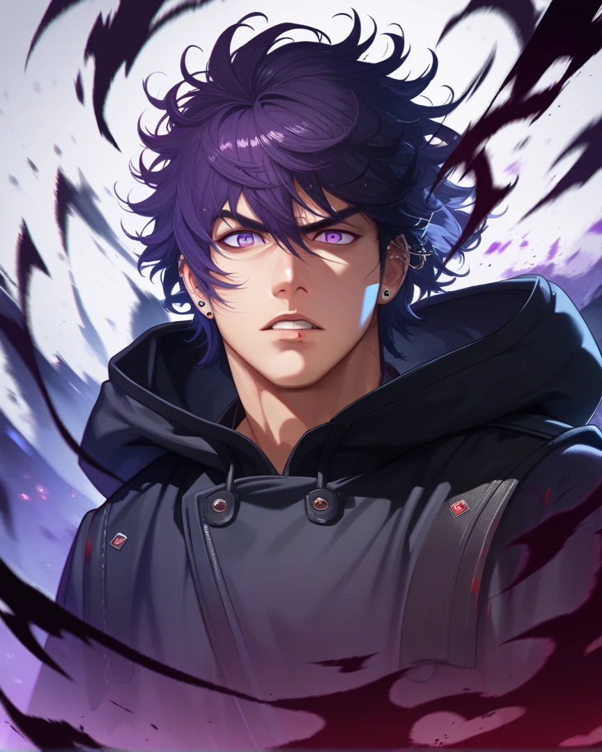 ((Best quality)), ((Masterpiece)), ((Badass)),    ((Badass red and black aura)), (Black overcoat hoodie), ((Detailed)), (Super attractive and hot), (Black slightly messy hair), ((Piercing beautiful purple eyes)), 1boy, ((Background: bloody s)), (Power and ambition in his character)