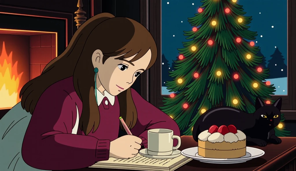 There is an 18 year old girl with earphones . Oval face,  white skin ,  brown hair, brown eyes, A black cat is sleeping in front of a girl with long wavy hair , Comfortable and warm clothes ,   She is studying with a blanket by the Christmas tree and a lit fireplace. Writing with a pen in one hand . It's a dark night and it's snowing outside the window .  Bright lighting with a warm atmosphere .  In front of the girl, a warm drink is in a mug, and the ,  plate has a slice of fresh cream cake topped with strawberries. The girl is looking at the books . Looking at her from above .